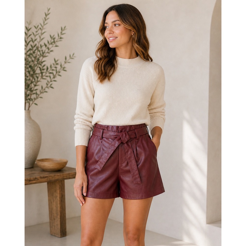 BCBGMAXAZRIA Faux Leather Shorts Womens Small Deep Red NWT Paperbag Waist Belted
